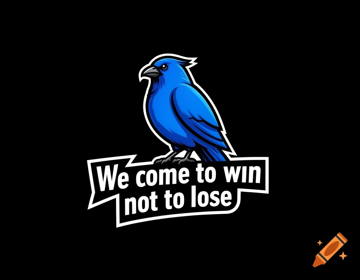 Stylized blue bird logo on a white banner with text 'We come to win not to lose', set against a black background.