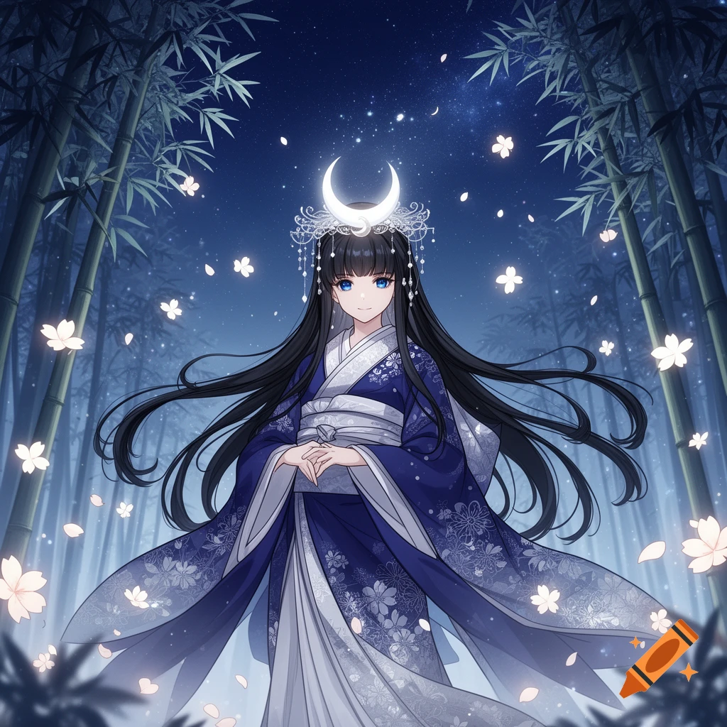 Anime girl in a blue and white traditional dress, with a crescent moon headpiece, in a magical bamboo forest at night.