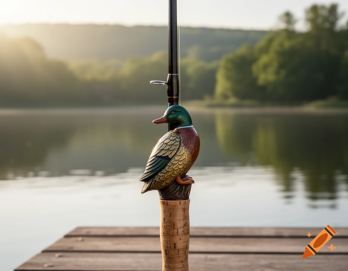 A fishing rod with a carved duck handle resting on a wooden dock overlooking a serene lake at sunrise.