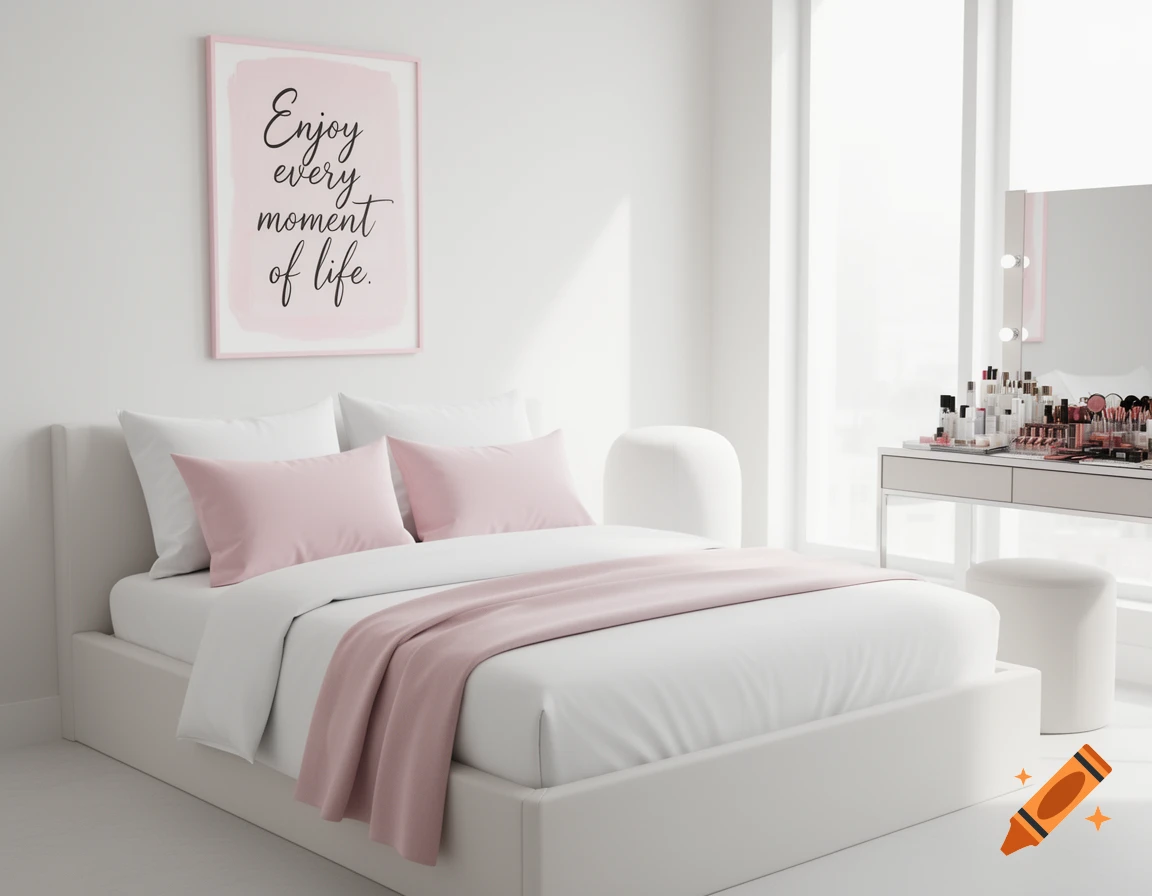 A bright bedroom with white walls, a bed with pink and white bedding, a pink framed sign saying 'Enjoy every moment of life.', and a vanity table full of makeup.