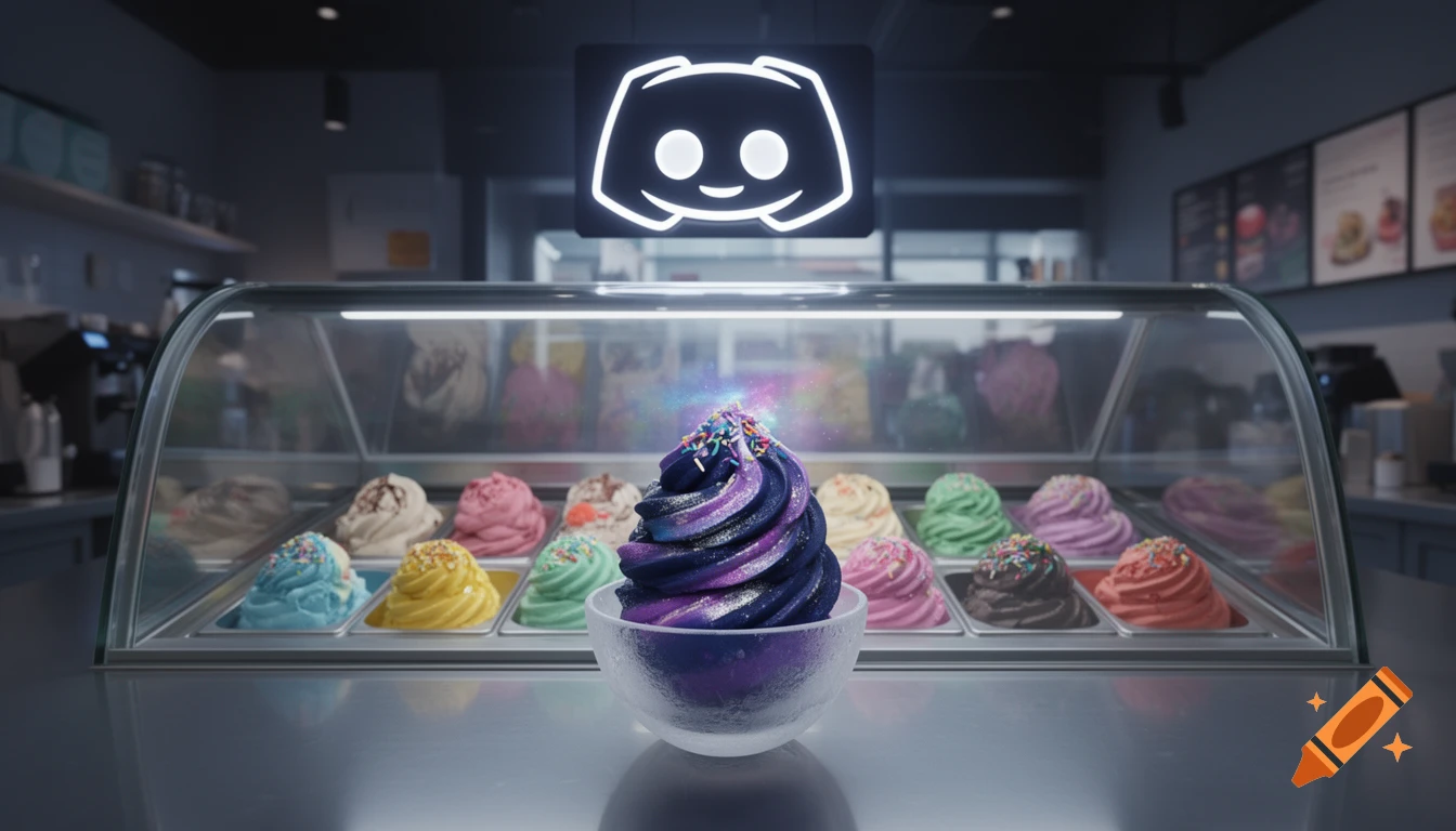 A vibrant galaxy-colored ice cream swirl in a glass bowl on a counter in front of a display case, with a glowing Discord logo above.