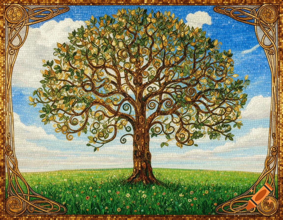 A vibrant mosaic depicting a large tree with swirling branches in a green field under a blue sky, framed by an ornate border.
