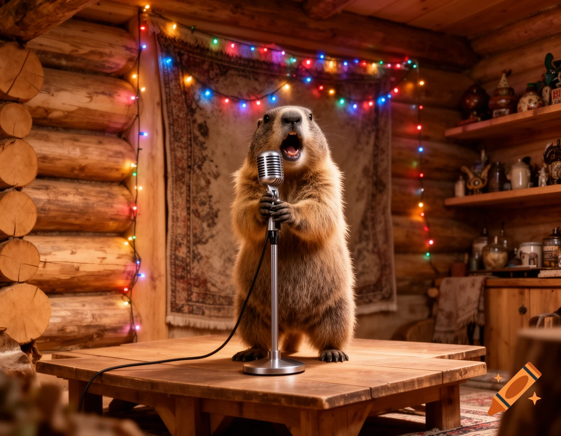 A photorealistic marmot stands on a wooden table, holding a vintage microphone and singing in a rustic log cabin decorated with colorful fairy lights.
