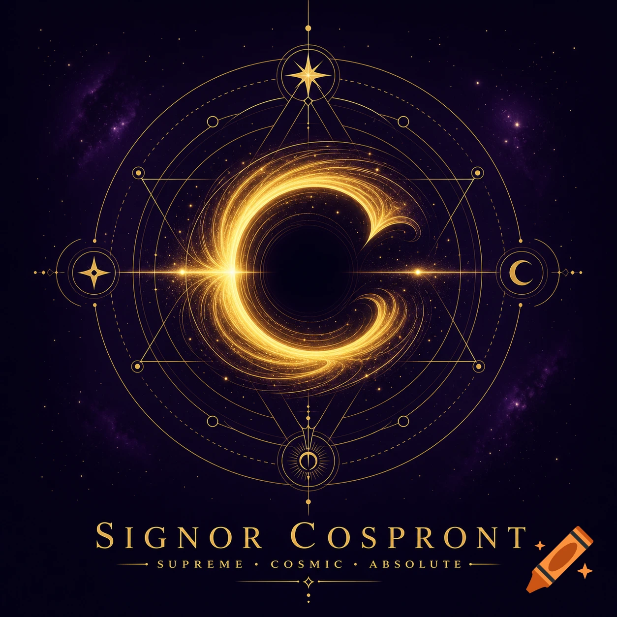 A gold glowing C-shaped cosmic singularity logo with sacred geometry lines on a deep purple starry background and text 'SIGNOR COSPRONT'.