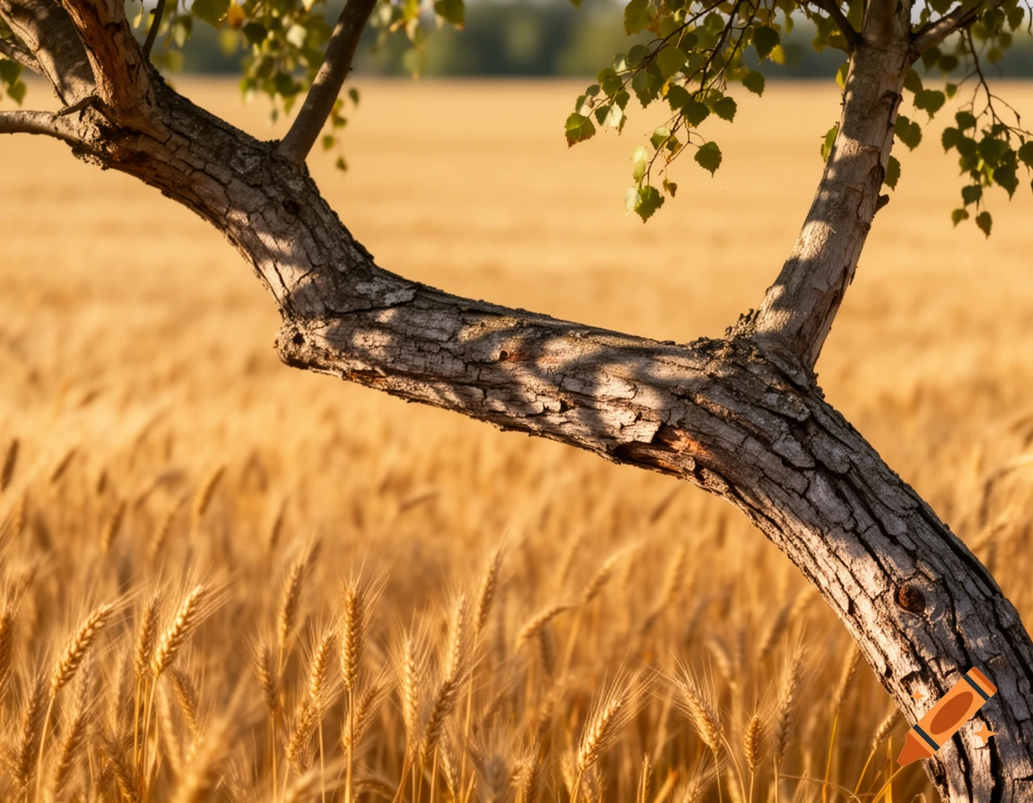 A close-up of a tree branch stretching diagonally over a sunlit golden wheat field.