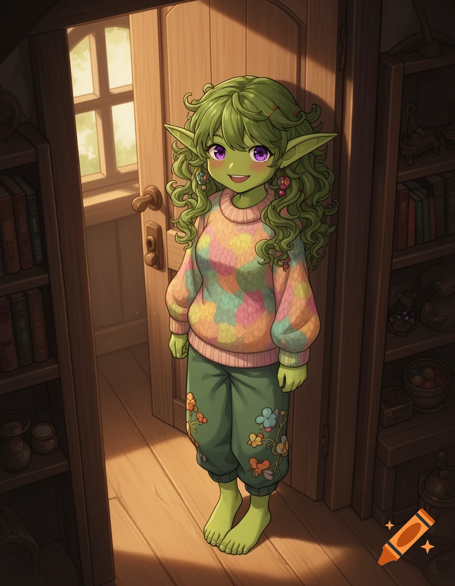 Anime green-skinned goblin woman in a colorful sweater and floral pants, smiling playfully in a doorway, barefoot.