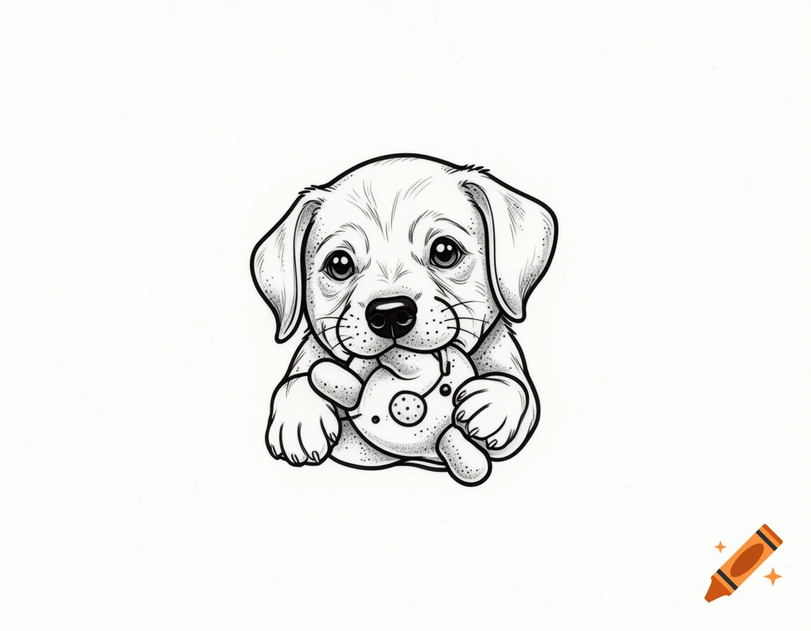 Black and white line art illustration of a cute puppy holding a toy.