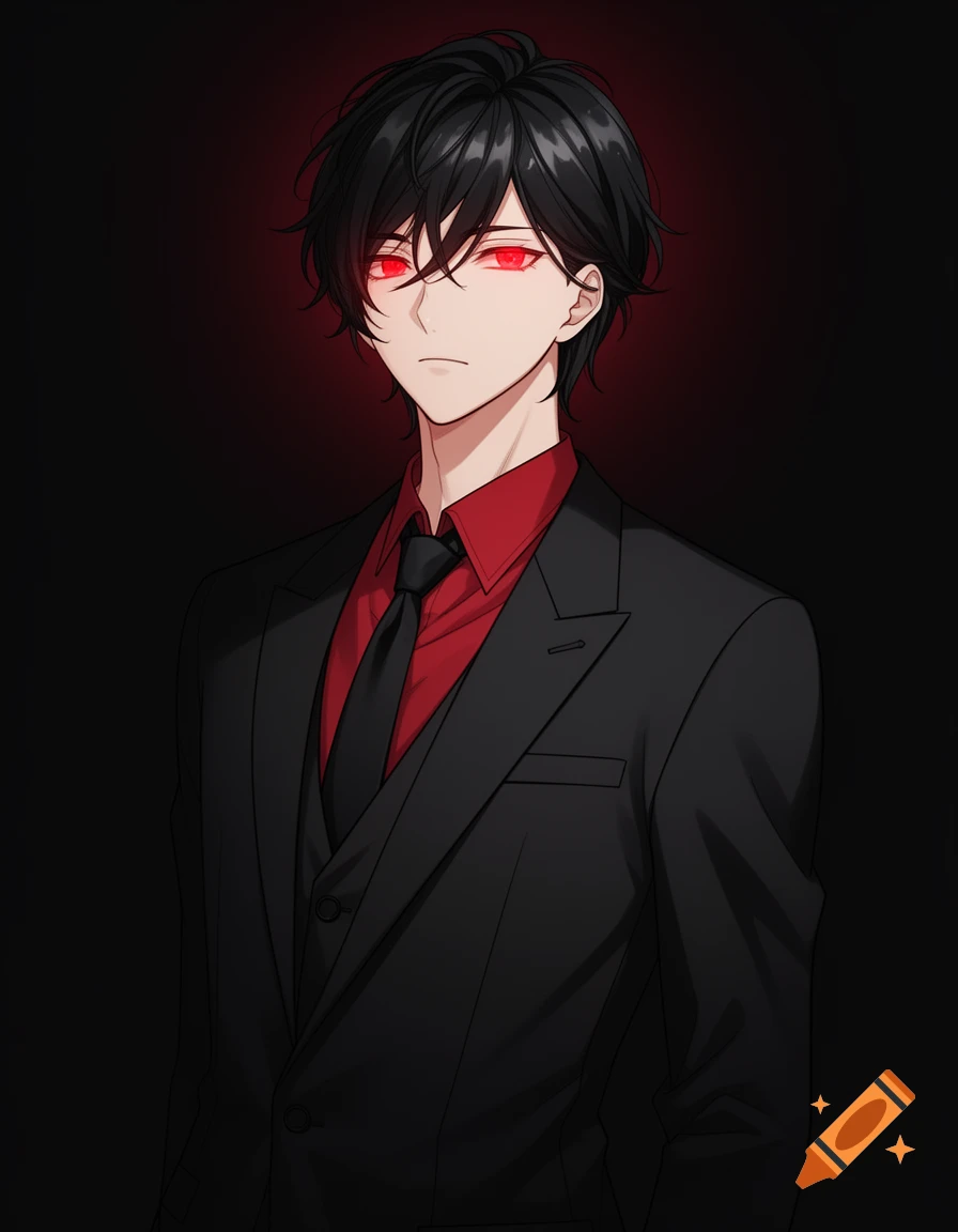 An anime-style portrait of a man with black hair, glowing red eyes, wearing a red shirt, black suit, and black tie against a dark background.