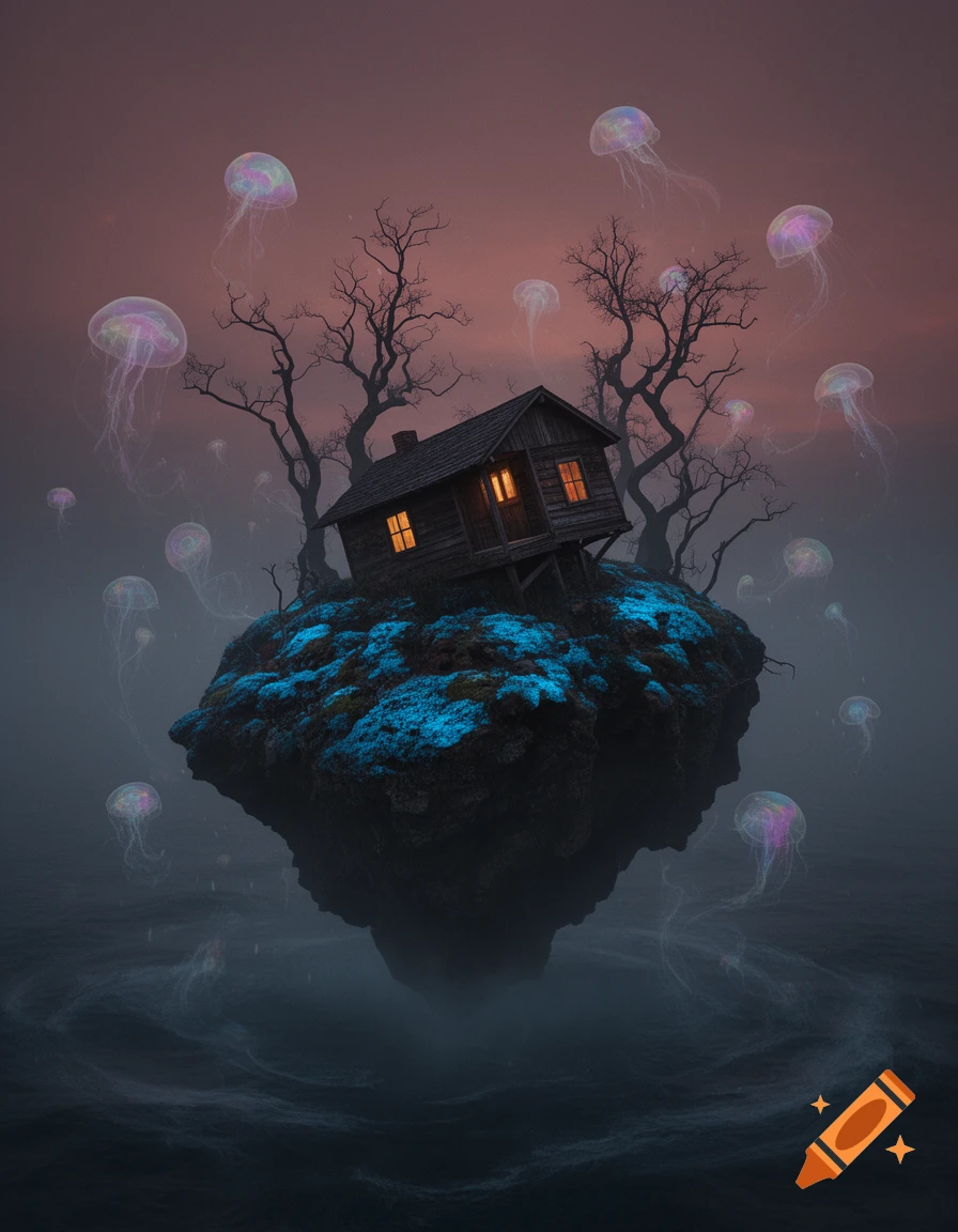 A surreal glowing cabin on a mossy floating island with bare trees, over a dark, foggy sea with many glowing jellyfish in the twilight sky.