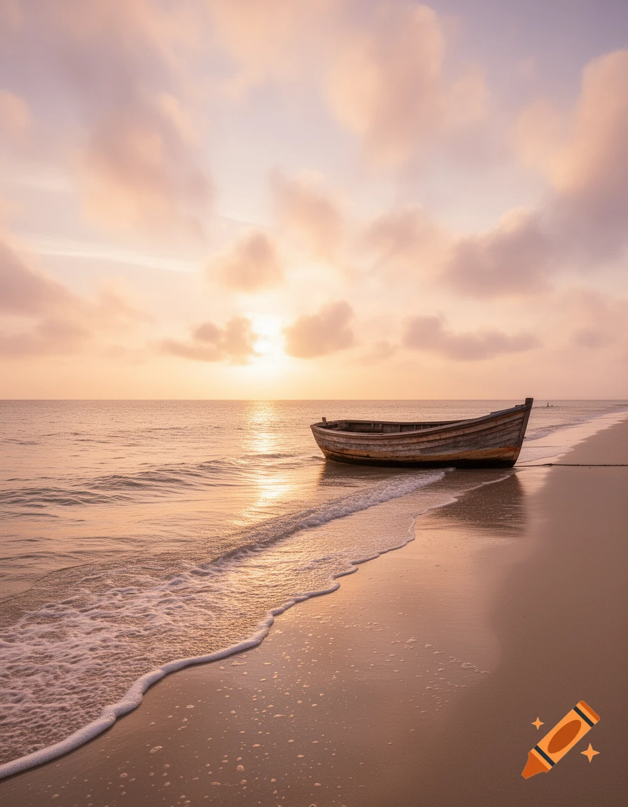A lone wooden boat rests on a sandy beach at sunset, with gentle waves and soft pastel clouds.