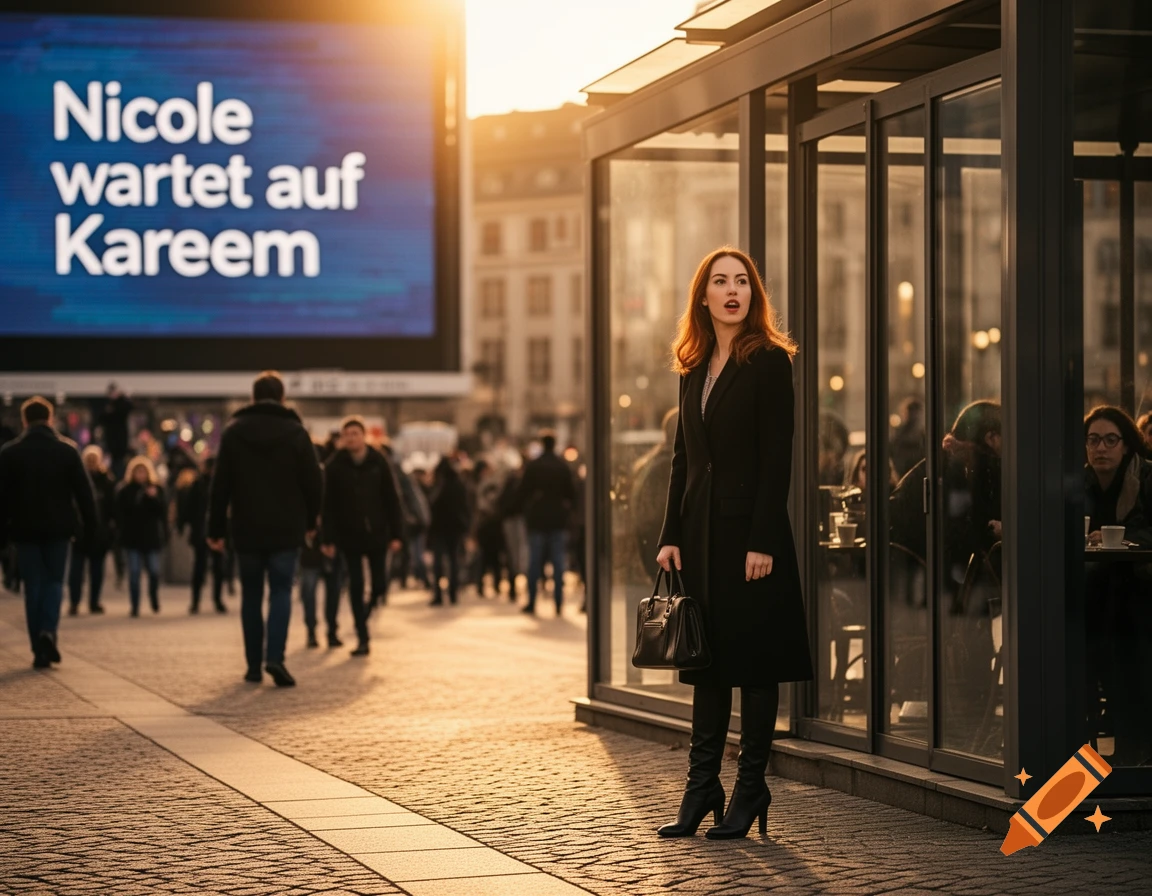 A woman in a black coat stands on a city street at sunset with a billboard displaying 'Nicole wartet auf Kareem' in the background.