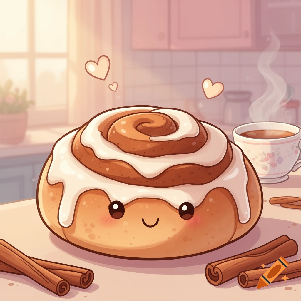 A cute cartoon cinnamon roll with frosting and a smiling face sits on a counter, with a steaming cup and cinnamon sticks in a cozy kitchen.