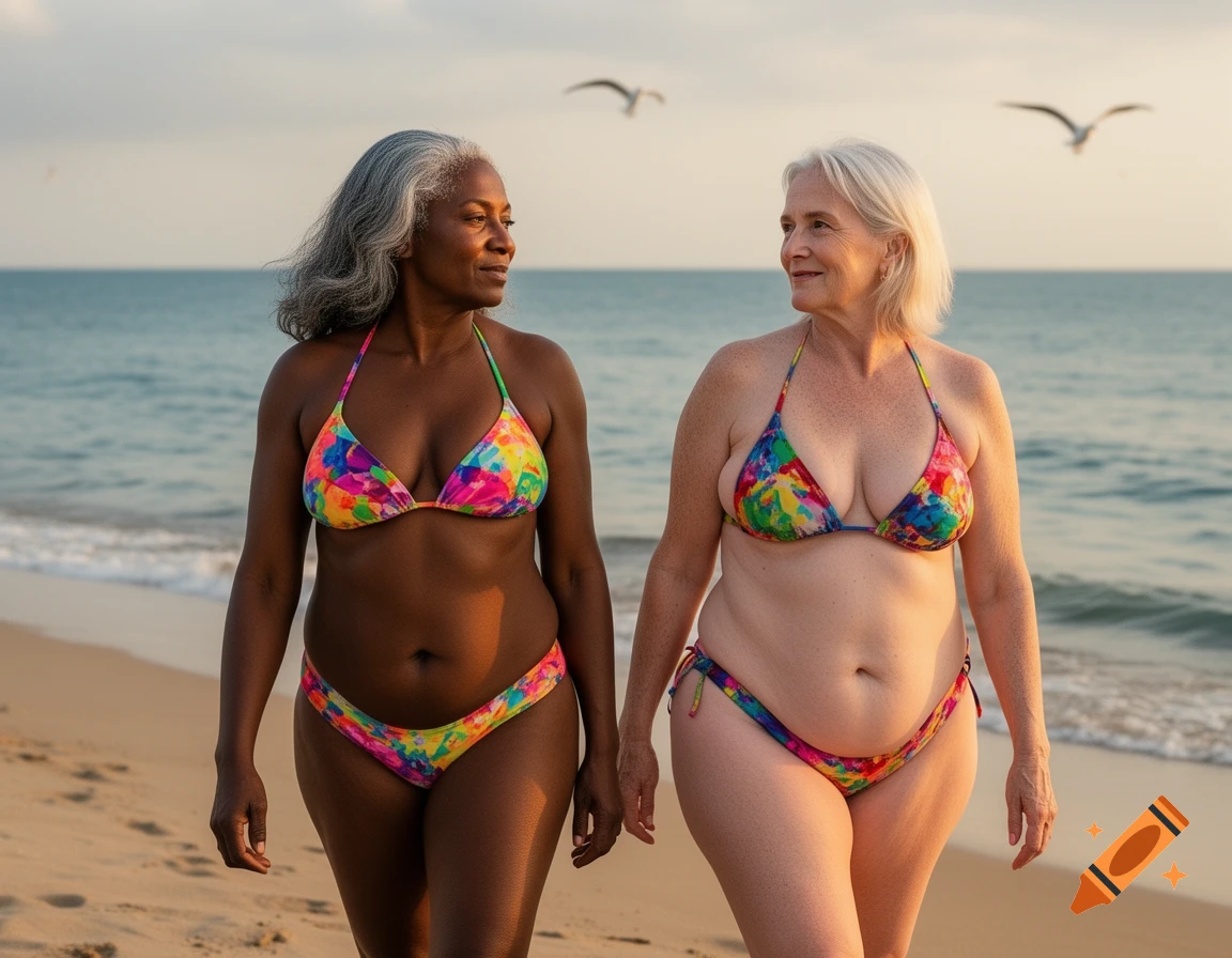 Two older women in colorful bikinis walk along a sandy beach with the ocean and gulls in the background, smiling.