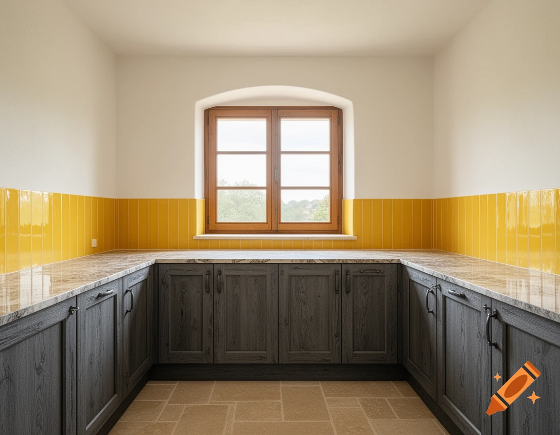 Empty U-shaped kitchen with dark wood cabinets, light stone countertops, yellow subway tile backsplash, and a wooden arched window.