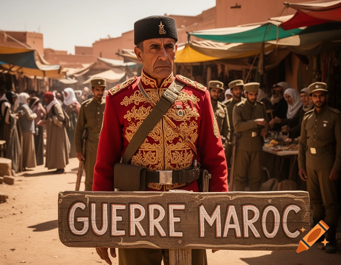 A man in an ornate red military uniform stands in a bustling desert market, holding a sign that reads "GUERRE MAROC".