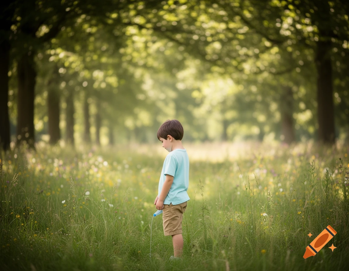 A young boy in a light blue shirt and brown shorts stands in a tall grassy field, peeing, surrounded by blurred trees.