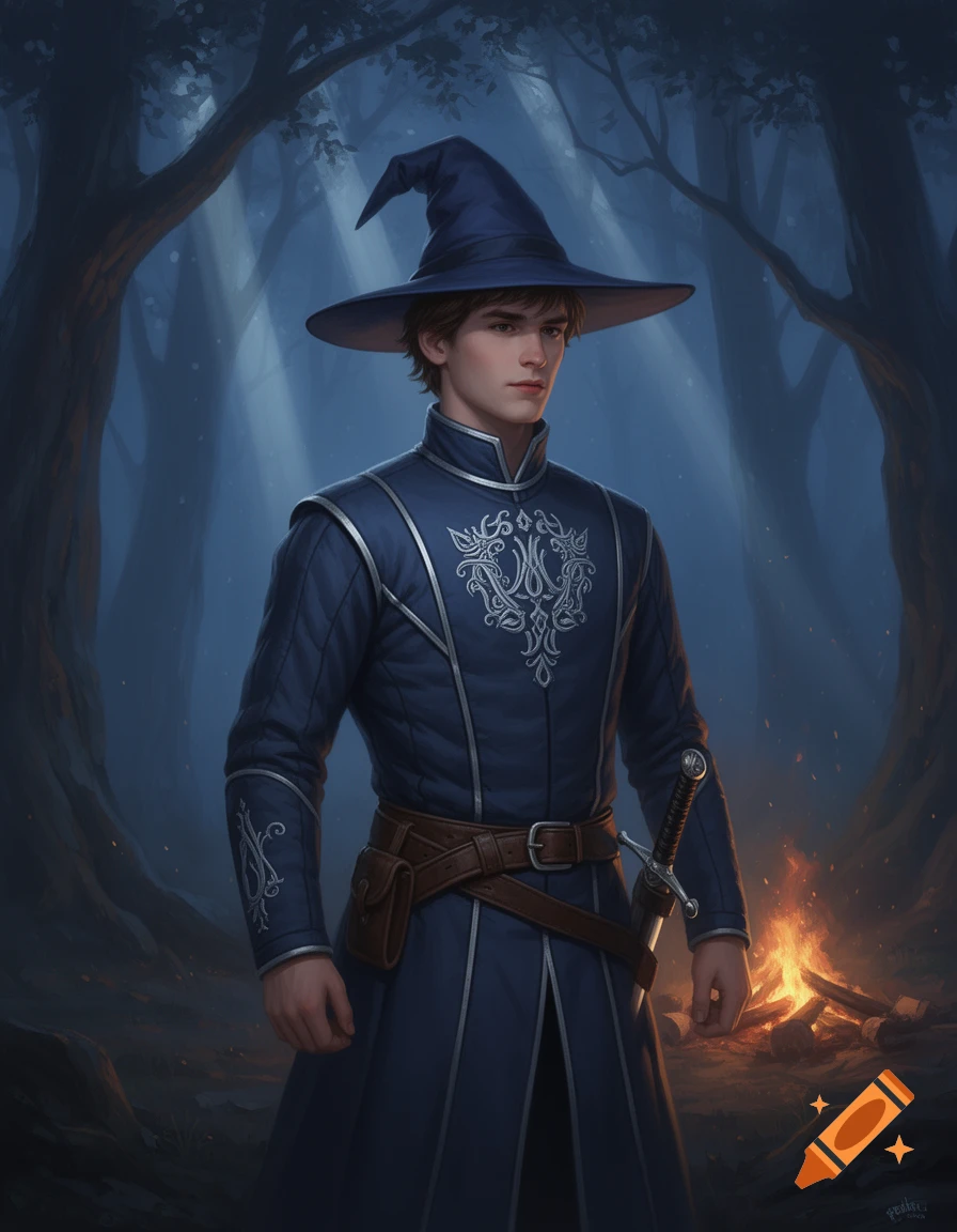 A young male wizard in a blue pointed hat and embroidered blue gambeson stands in a dark forest with a sword by a campfire, digital art.