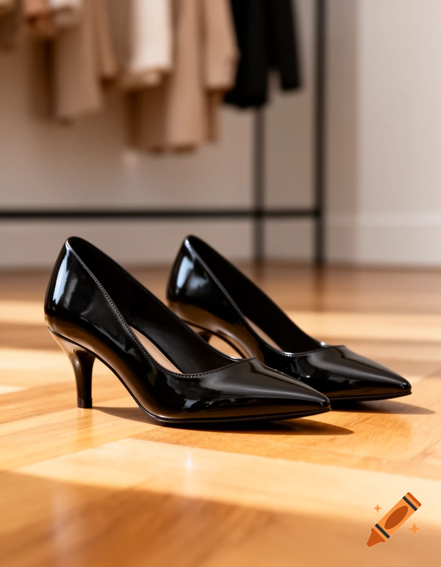 A pair of shiny black kitten heels with pointed toes on a polished wooden floor, with blurred clothes on a rack in the background.