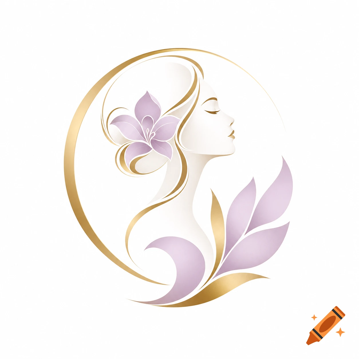 Stylized logo of a woman's profile with a purple flower in her hair and golden leaves, set within a gold circle on white.