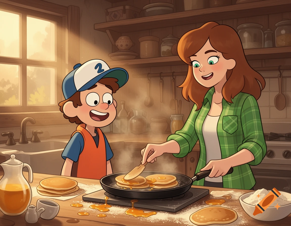 Cartoon boy and woman cooking pancakes together in a sunlit kitchen. The boy wears a blue and white cap, and the woman wears a green plaid shirt.