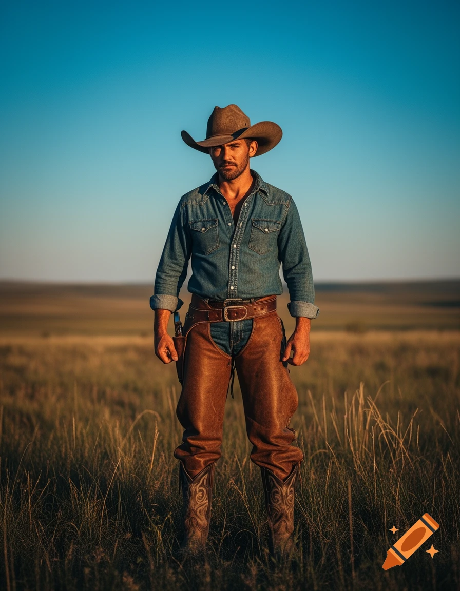 A rugged cowboy in a denim shirt, brown chaps, and a hat stands in a grassy field under a blue sky.