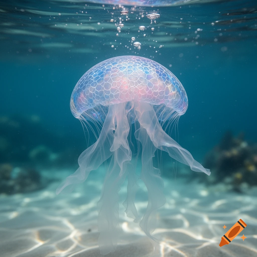 Vibrant, iridescent jellyfish with flowing tentacles swims in clear blue underwater, sunlight shimmering on the sandy seabed.