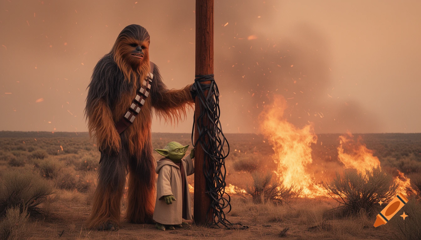 Chewbacca and Yoda stand by a utility pole as a wildfire rages in the background of a dry, sagebrush landscape.