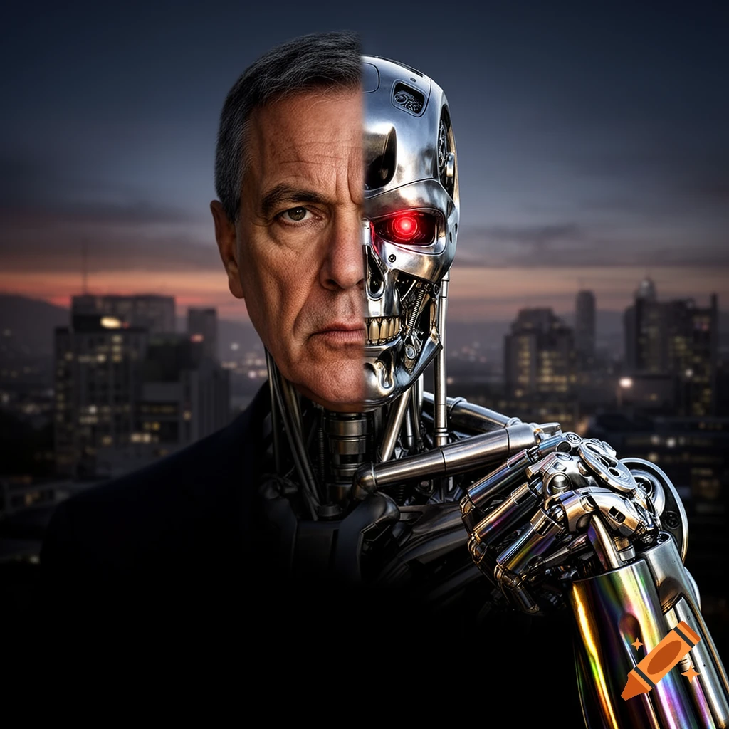 Photorealistic portrait of a man with half human and half robot face, with a visible robot arm, against a city skyline at dusk.