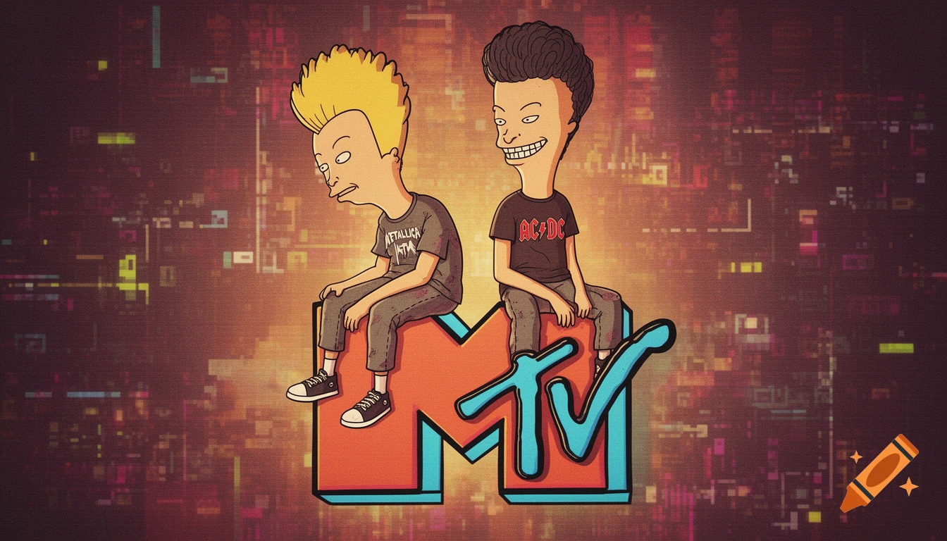 Beavis and Butt-Head sit on the MTV logo. Beavis wears a Metallica shirt, Butt-Head an AC/DC shirt. Dark, stylized background.
