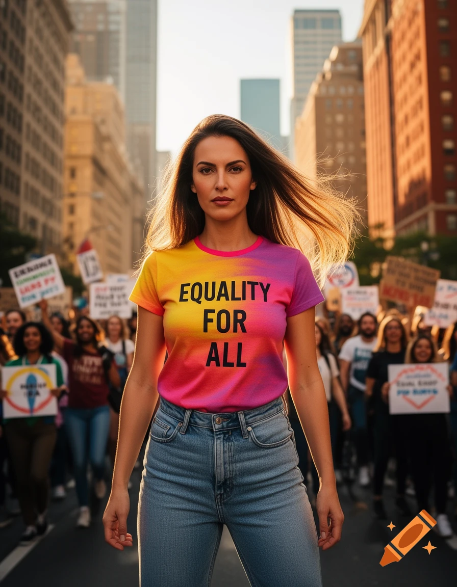 A photorealistic image of a woman in a vibrant 'EQUALITY FOR ALL' t-shirt, standing confidently in the middle of a city street during a protest, with blurred demonstrators in the background.