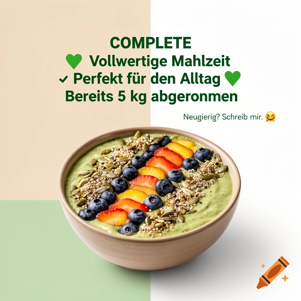 A green smoothie bowl topped with blueberries, sliced strawberries, mango, and various seeds, against a two-tone background with German promotional text.