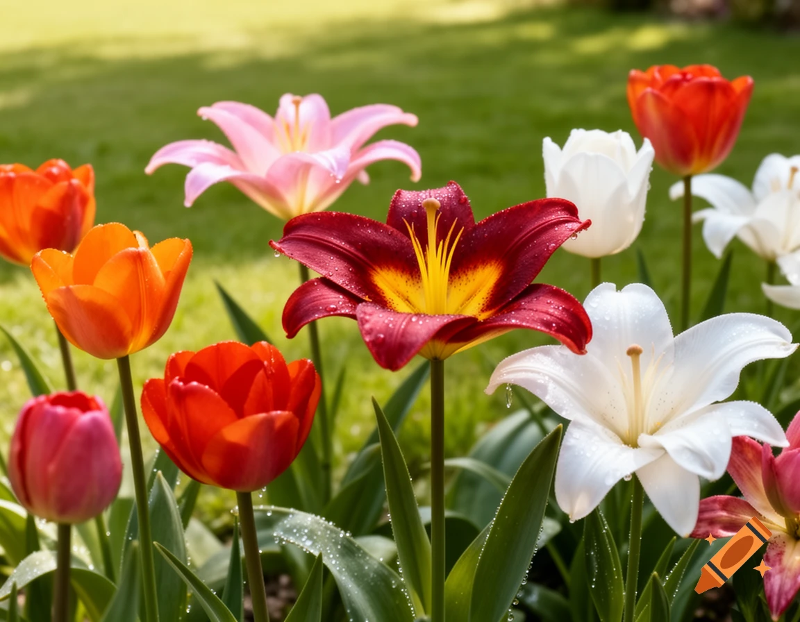 Close-up of vibrant red, orange, pink, and white tulips and lilies with water droplets, in a sunny green garden.