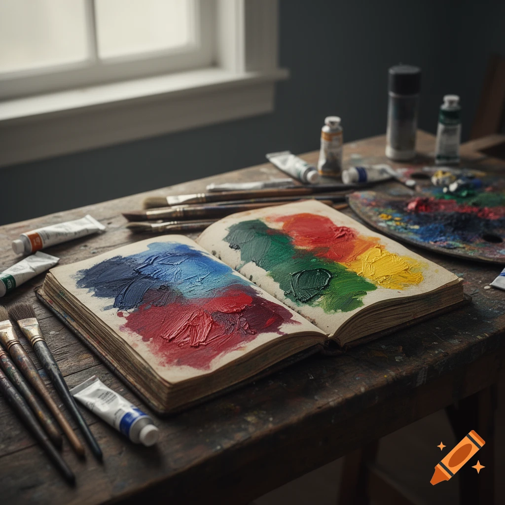An open book with vibrant paint swatches, surrounded by brushes, paint tubes, and a palette on a wooden desk by a window.