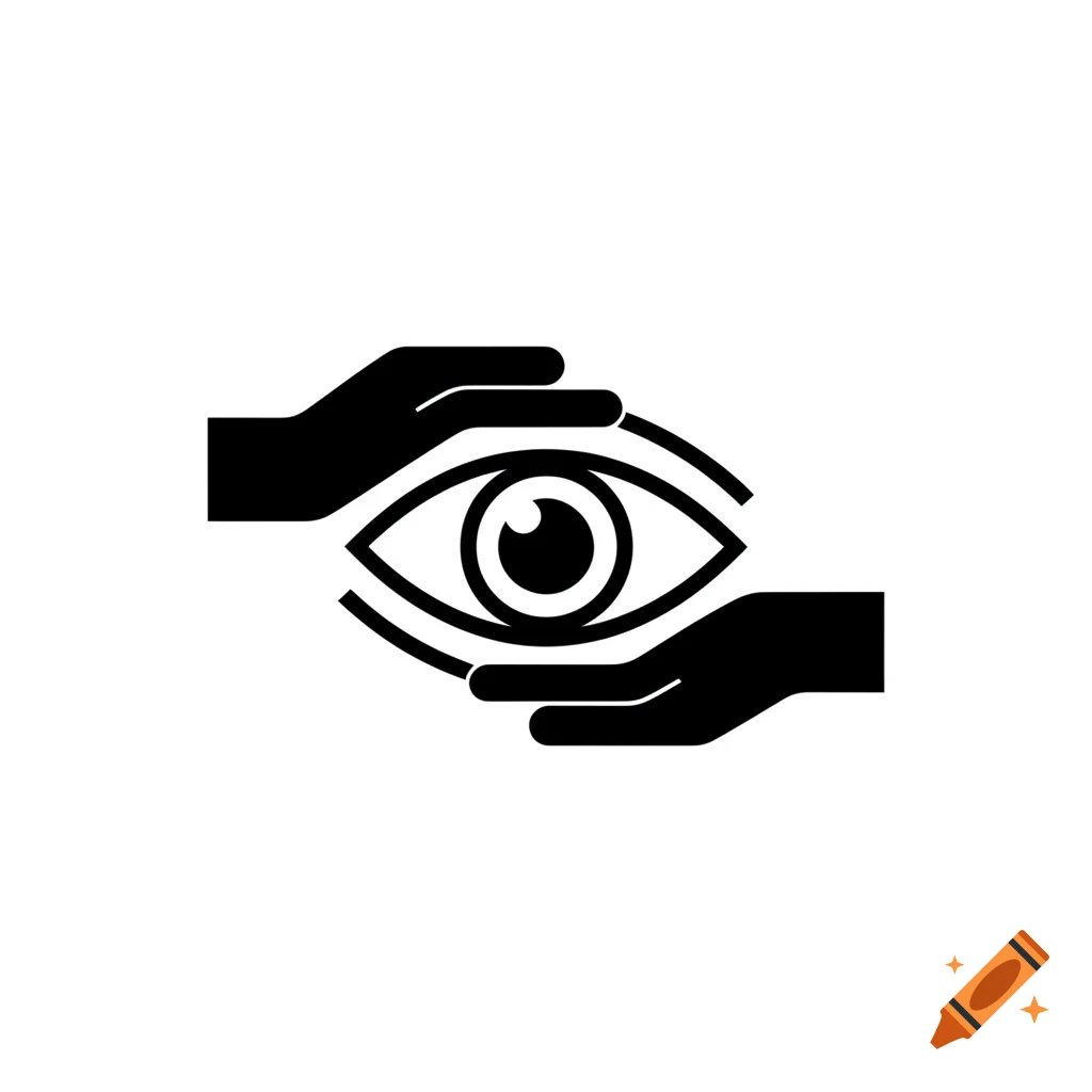 Black and white icon of two hands cupping a stylized eye.