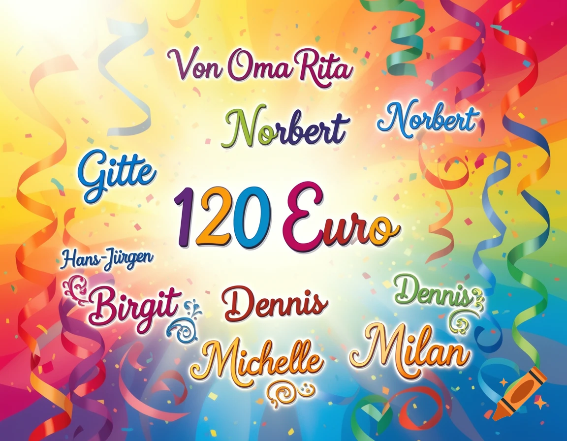 Colorful graphic for a 120 Euro shopping voucher with names like Oma Rita, Norbert, Gitte, and Milan on a confetti background.