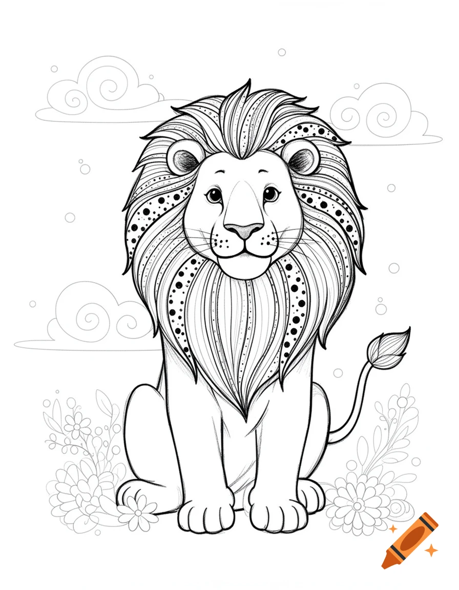 Black and white cartoon drawing of a seated lion with a patterned mane, designed for a coloring book, with subtle floral and cloud elements.