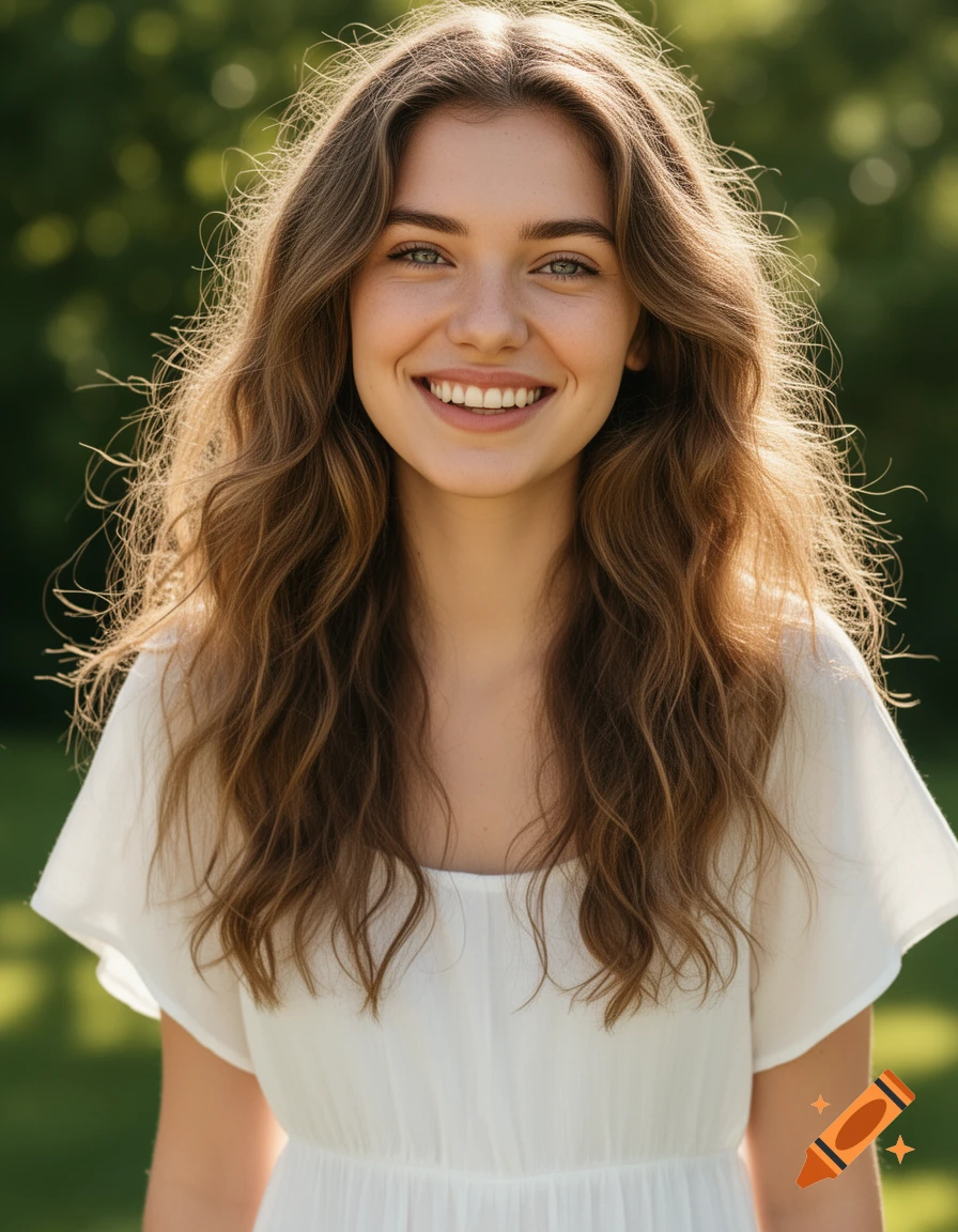 A photorealistic portrait of a smiling young woman with long wavy hair, bright eyes, and a friendly smile, wearing a white summer dress outdoors.