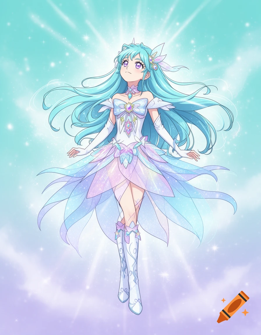 An anime girl with light blue hair and glowing eyes floats upwards in a sparkly white and pastel rainbow magical dress against a starry blue and purple background.