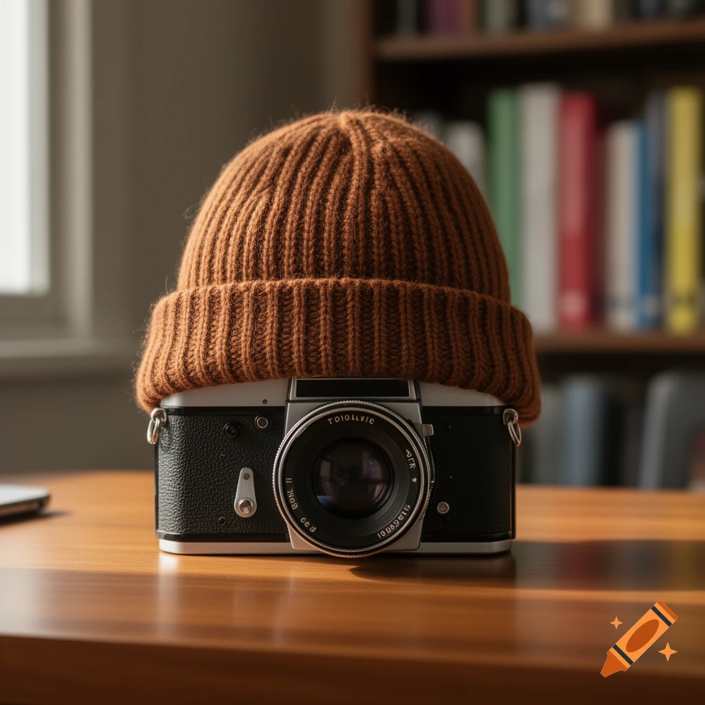 A vintage film camera wearing a brown knit beanie sits on a wooden desk with a blurred bookshelf in the background, in a photorealistic style.