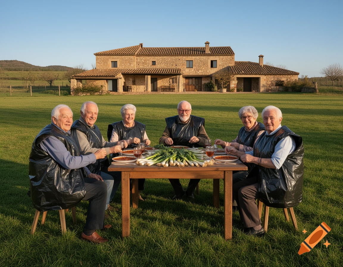 Six elderly people in black trash bag vests eat calçots at a wooden table in a grassy field, with a stone farmhouse in the background.