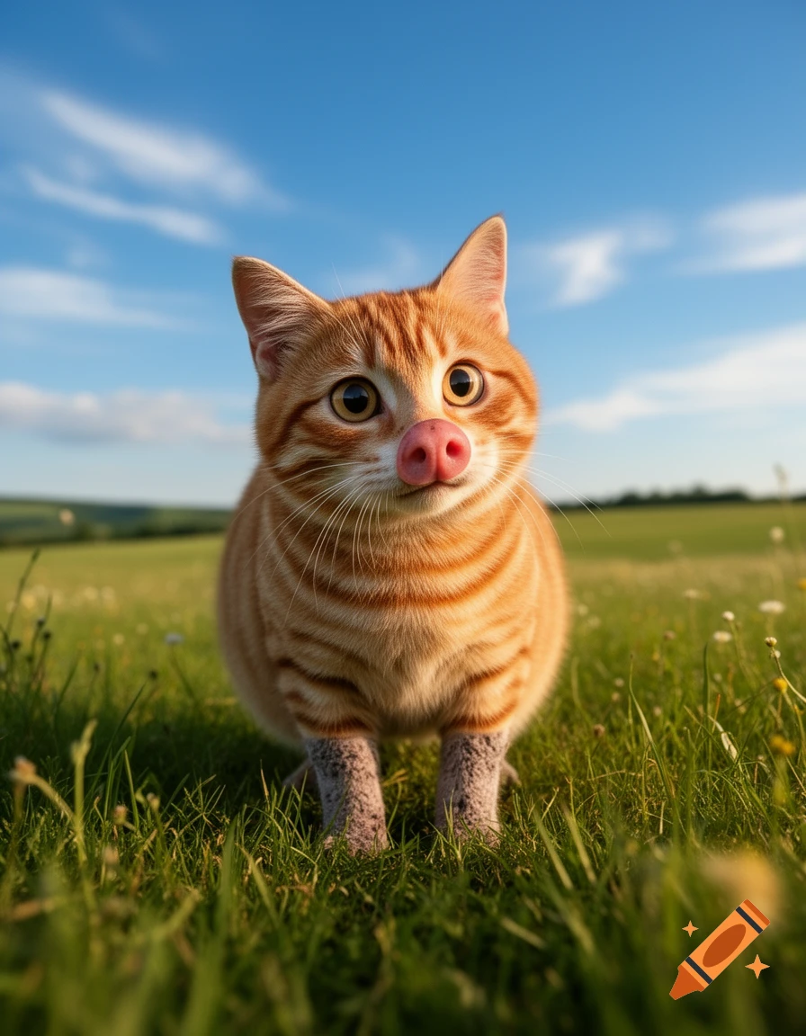 A photorealistic orange tabby cat with a pink pig snout stands in a vibrant green grassy field under a blue sky.