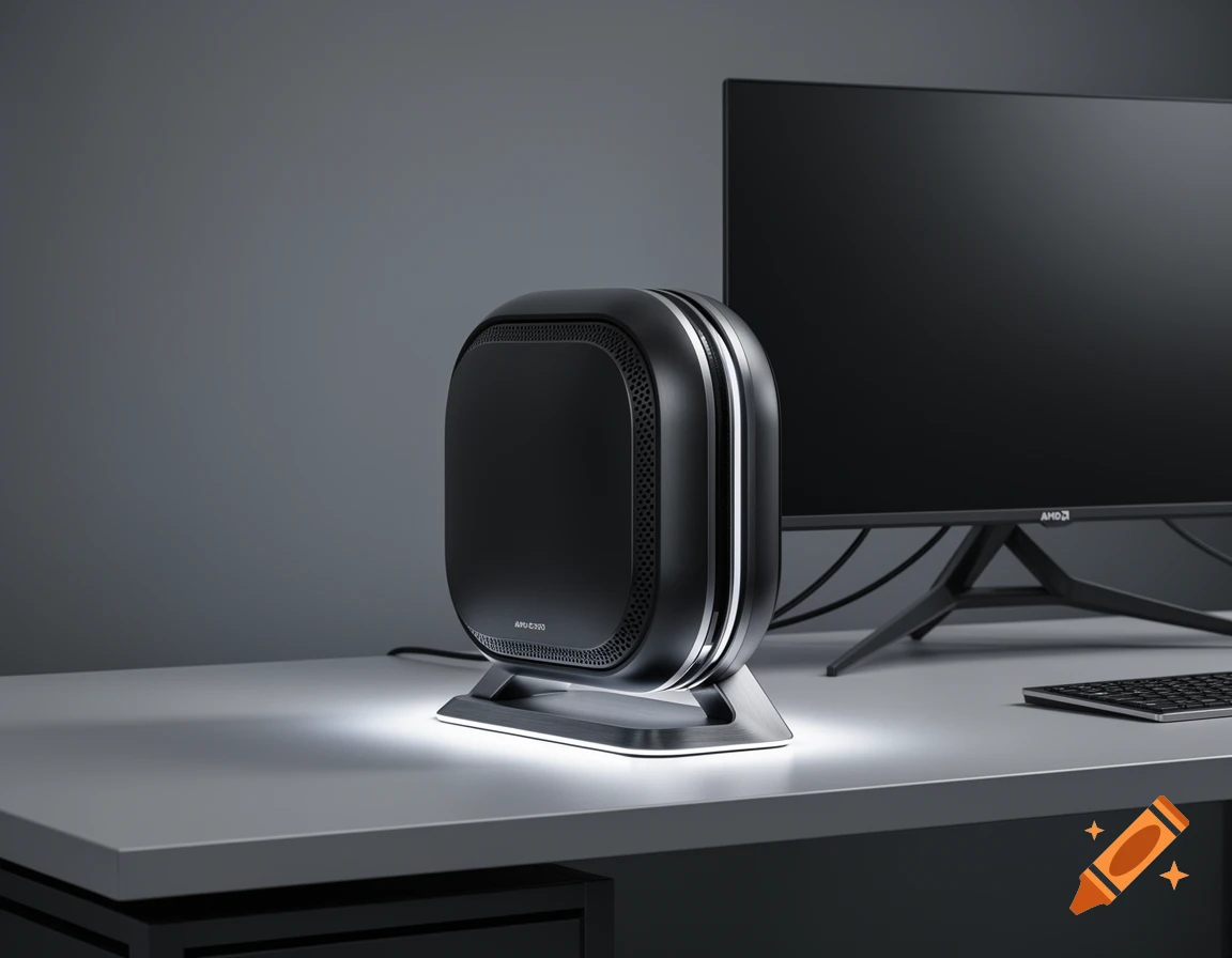 A sleek, black, rounded computer case with white light on its base on a grey desk next to a black monitor.