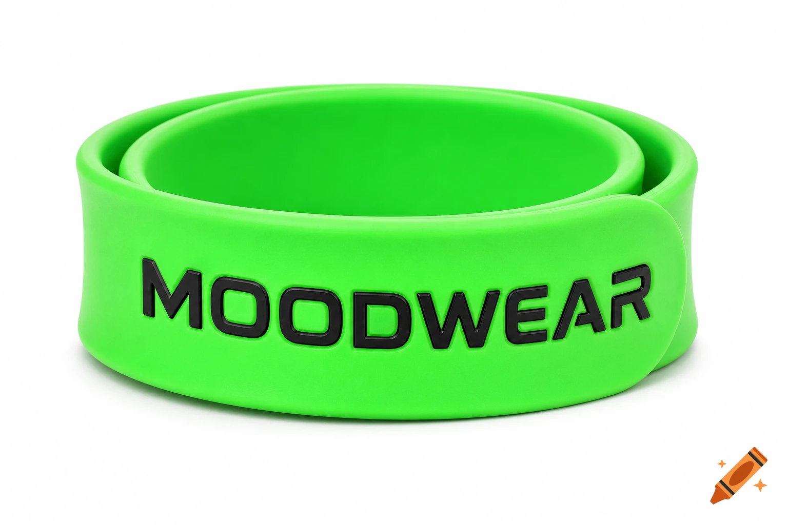 A bright green silicone slap bracelet with 'MOODWEAR' embossed in black letters, on a white background.