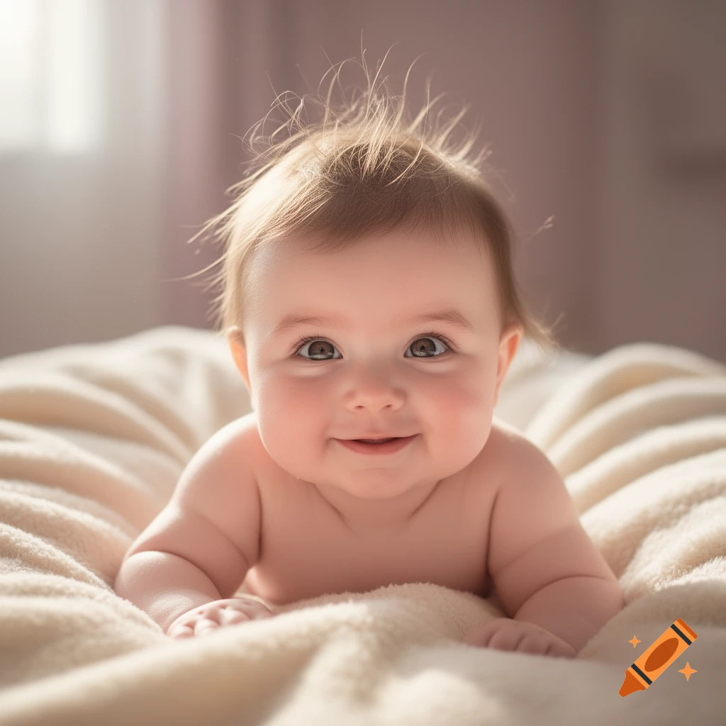 A smiling baby with wispy hair lying on a soft, light-colored blanket, looking at the camera.