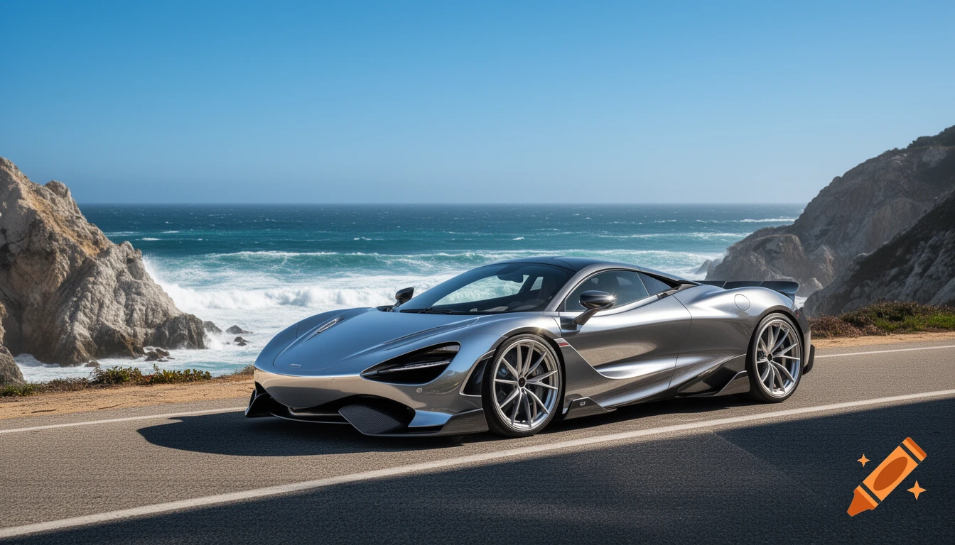 A silver supercar on a coastal road overlooking a blue ocean with waves crashing against rocky cliffs under a clear sky.