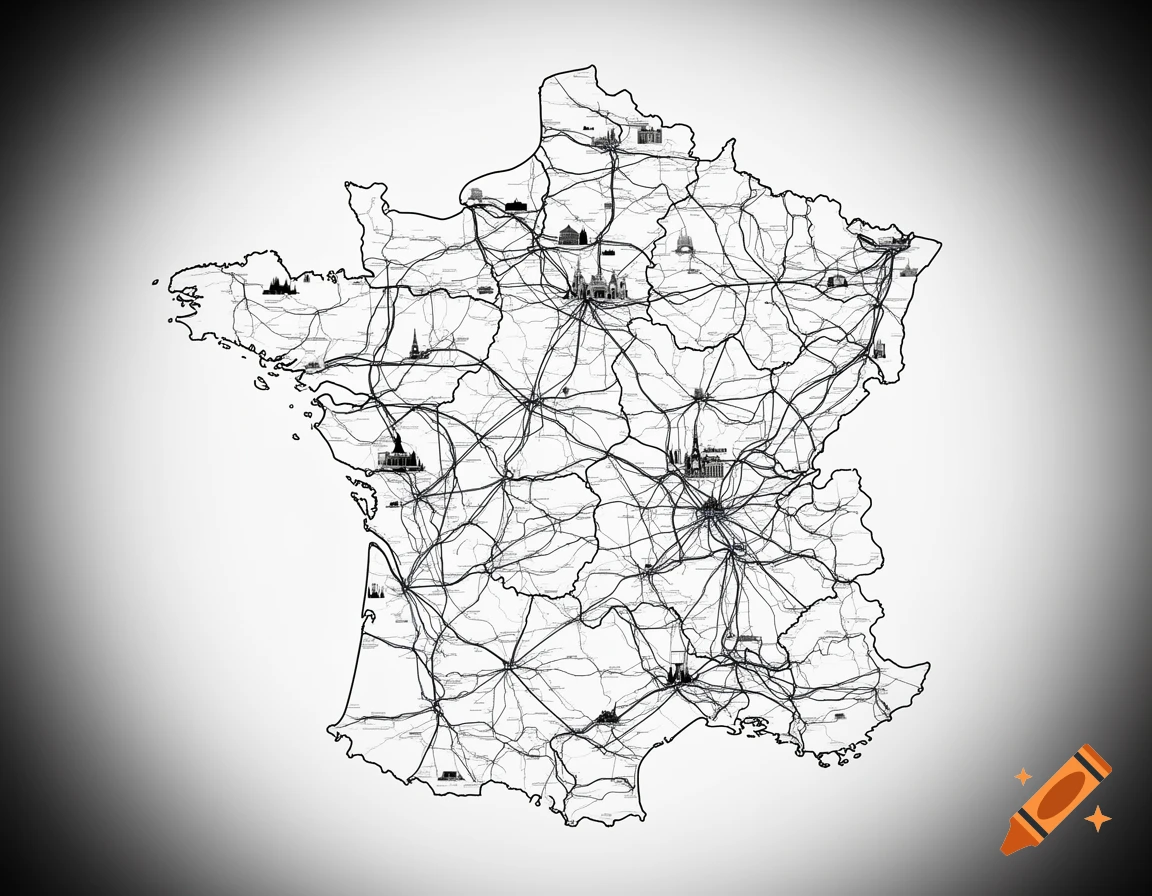 Black and white outline map of France depicting transportation networks and major cities as small building silhouettes.