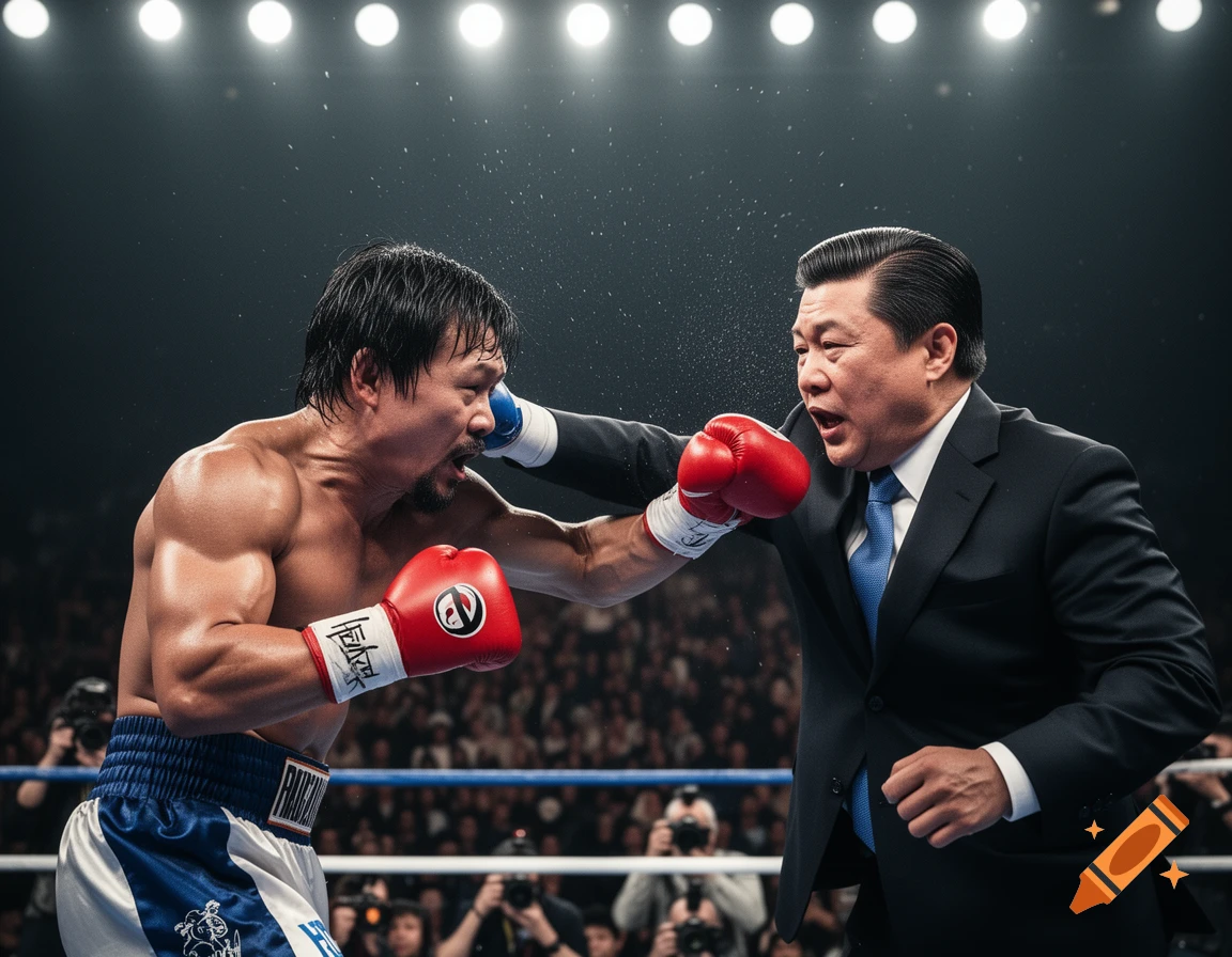 A boxer in blue shorts and red gloves throws a powerful punch, landing on the face of a man in a black suit and blue tie in a brightly lit boxing ring.