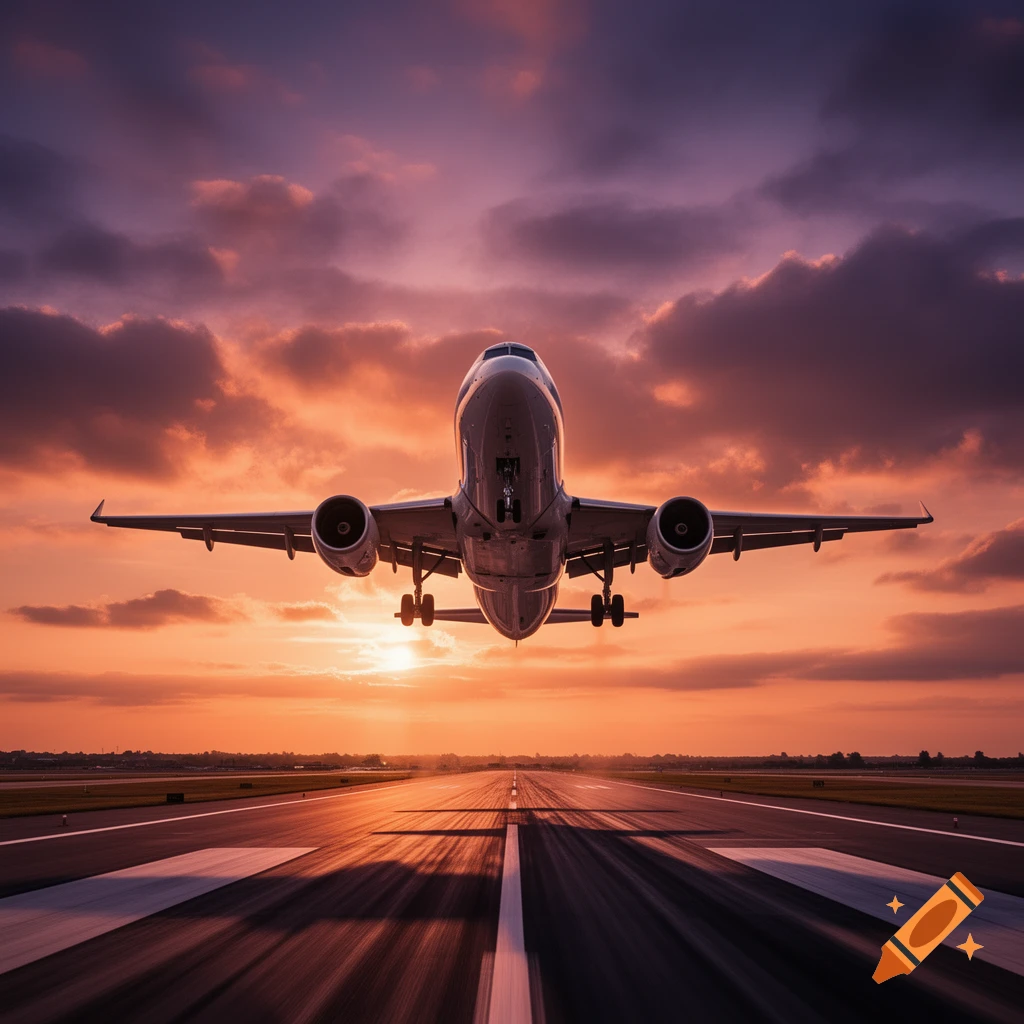 A large passenger airplane takes off from a runway at sunset, with a dramatic sky of orange and purple clouds.