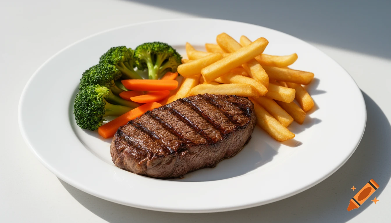 A grilled beef steak with french fries, broccoli, and carrots on a white plate in natural daylight, food photography style.