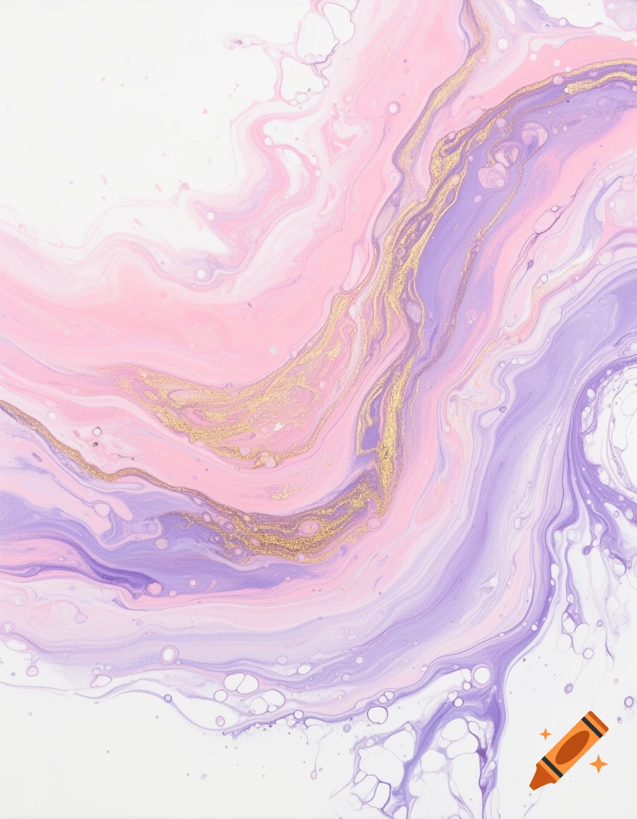 Abstract fluid art with swirling patterns of pink, light purple, and gold on a white background.